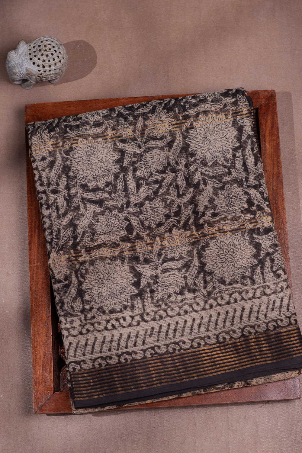 Floral Bloom - Black Block Printed Kota Cotton saree