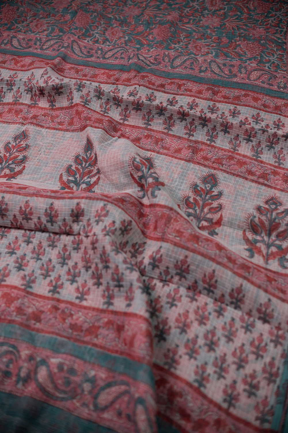 Pink Floral on Green Block Printed Kota Cotton saree - Image 3