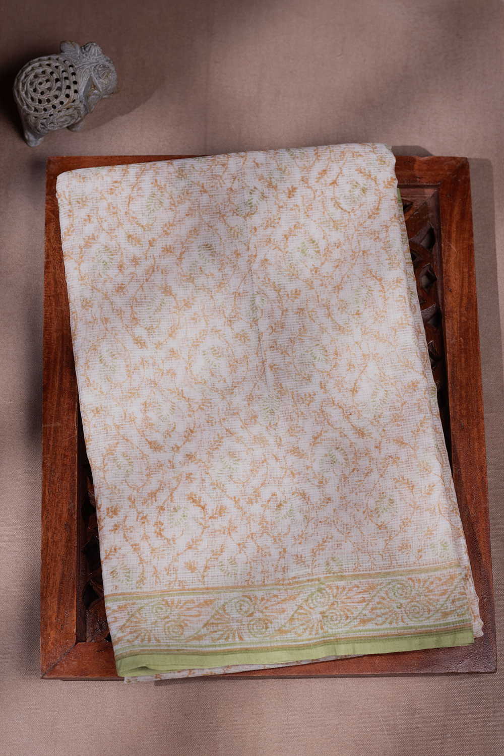 Snow Cream Block Printed Kota Cotton saree