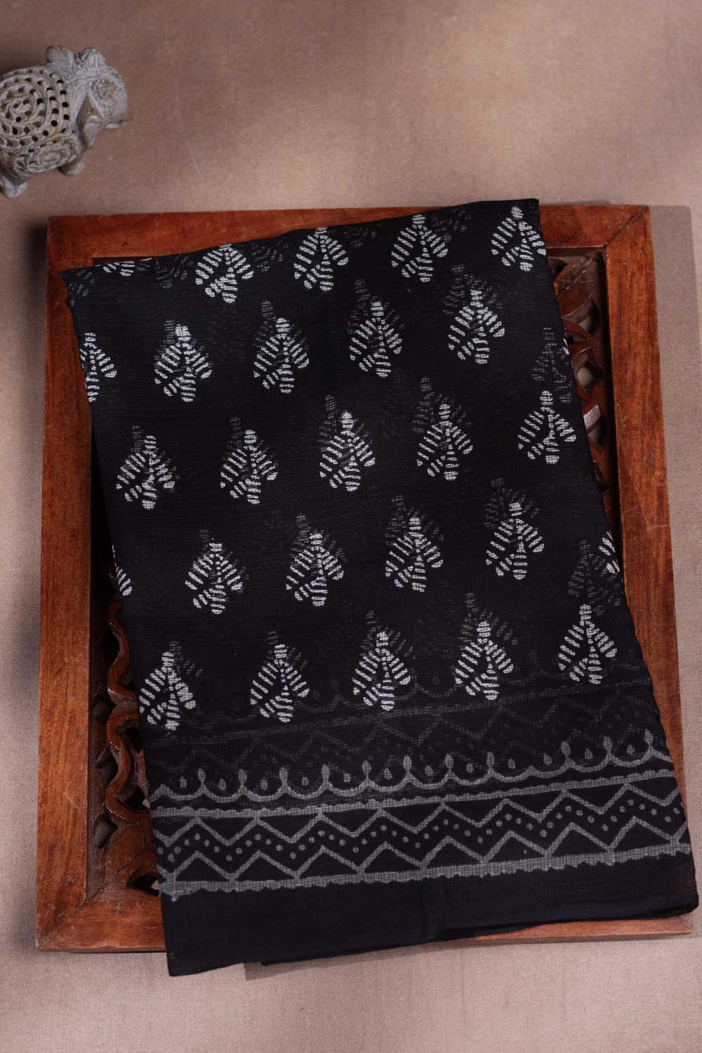 Pitch Black Block Printed Kota Cotton saree