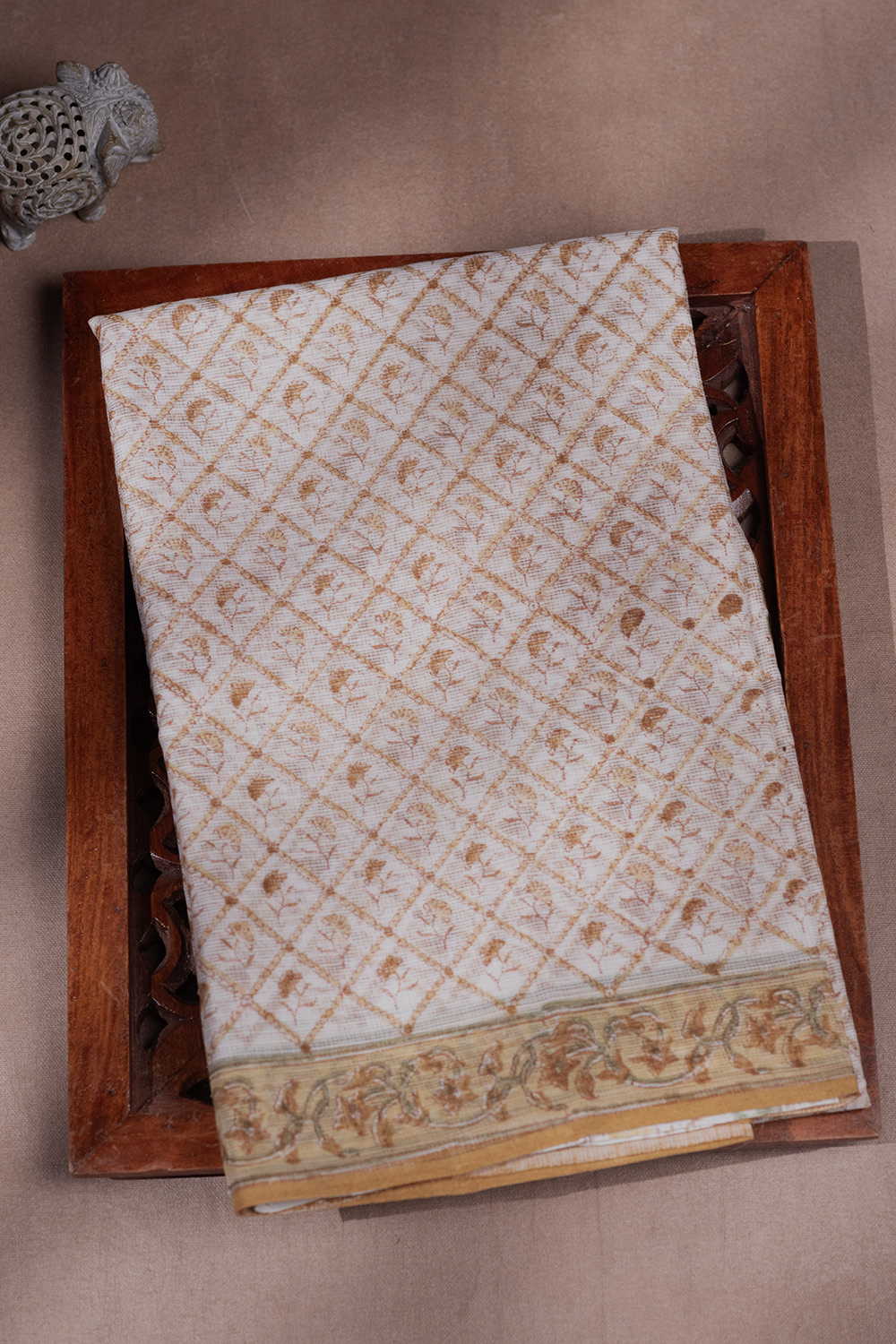 Snow Cream Block Printed Kota Cotton saree
