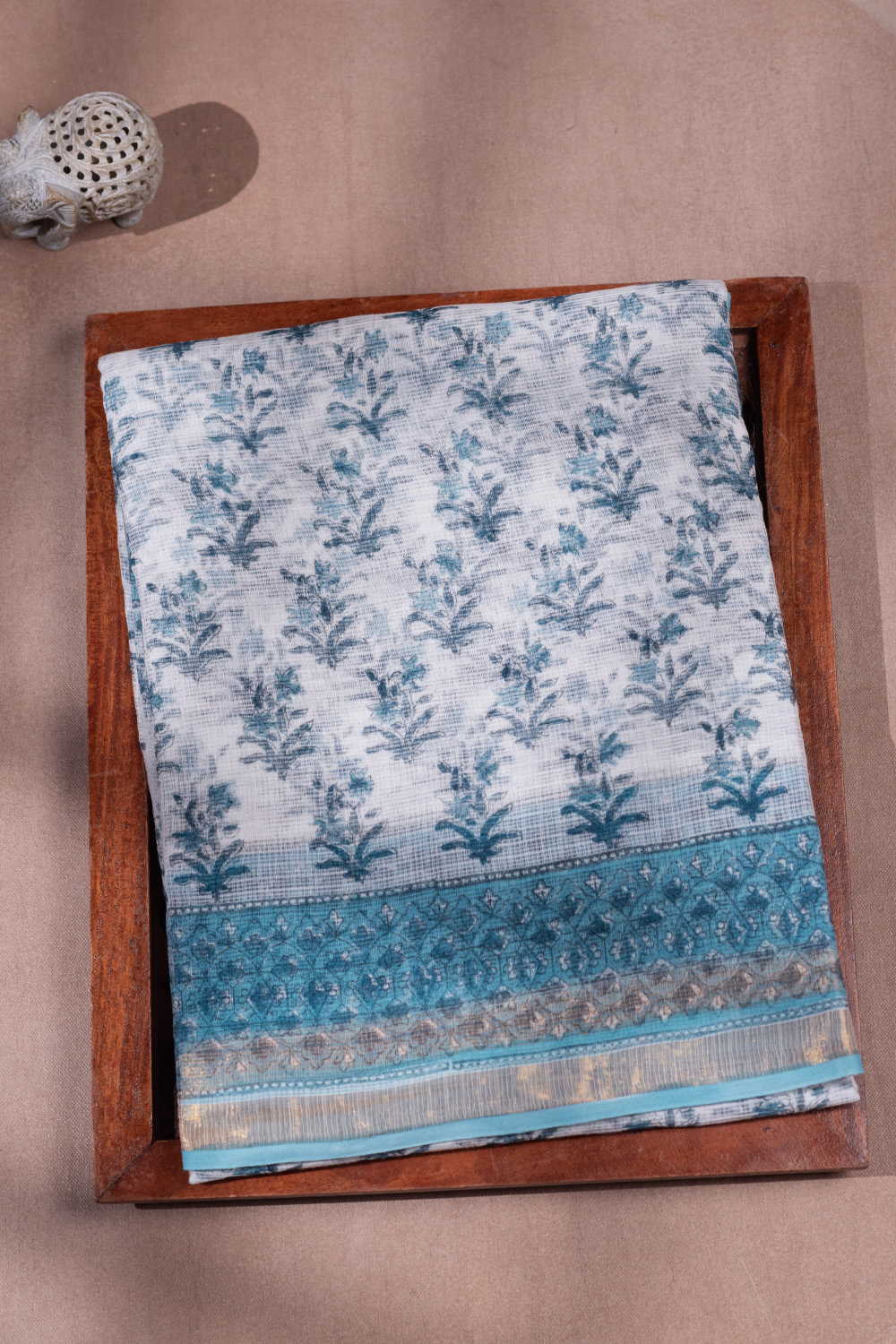 Blue Buttas on Cream Block Printed Kota Cotton saree