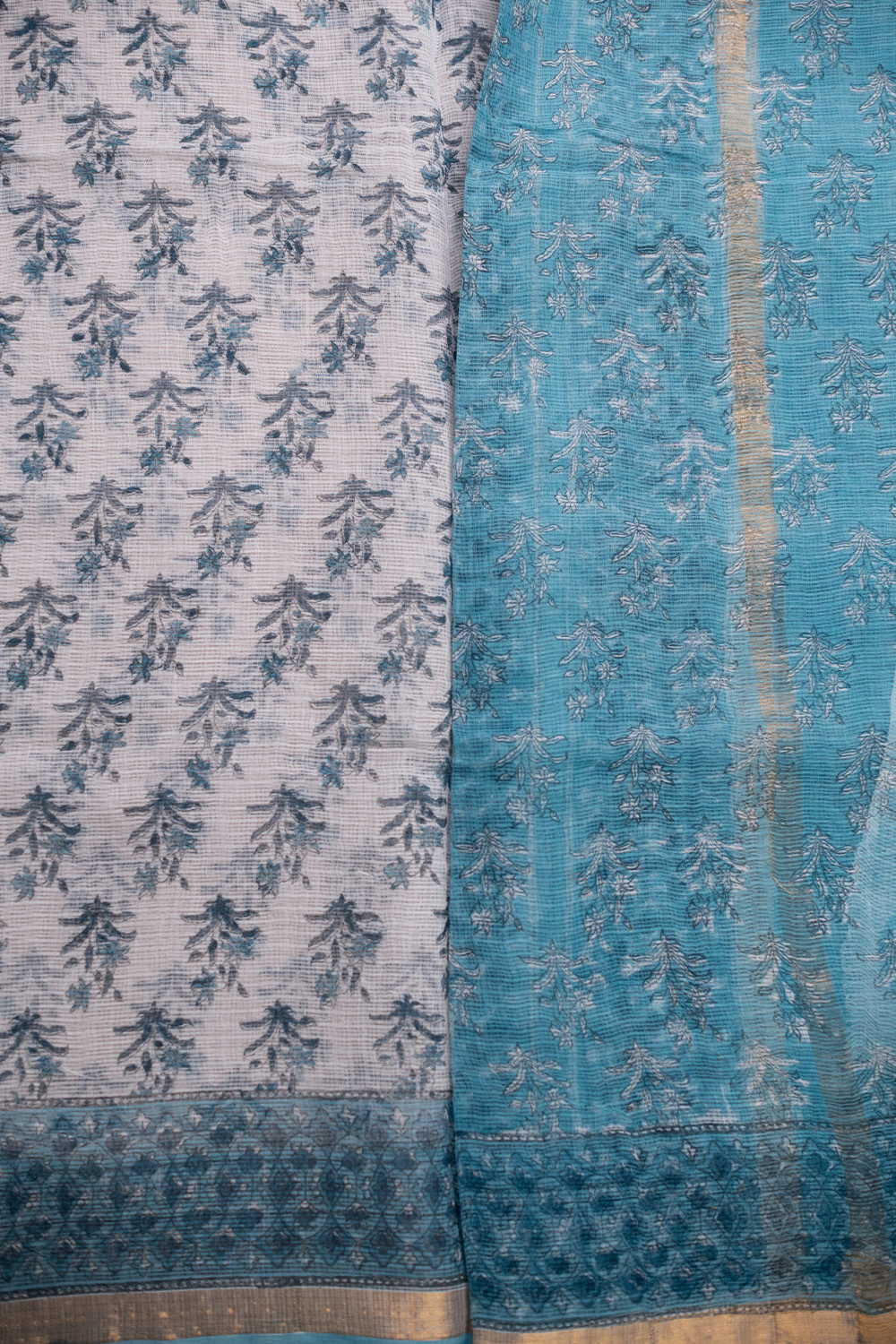 Blue Buttas on Cream Block Printed Kota Cotton saree - Image 4
