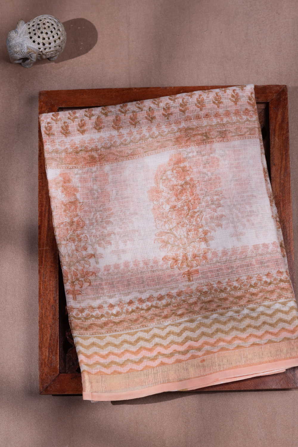 Creamy Orange Block Printed Kota Cotton saree