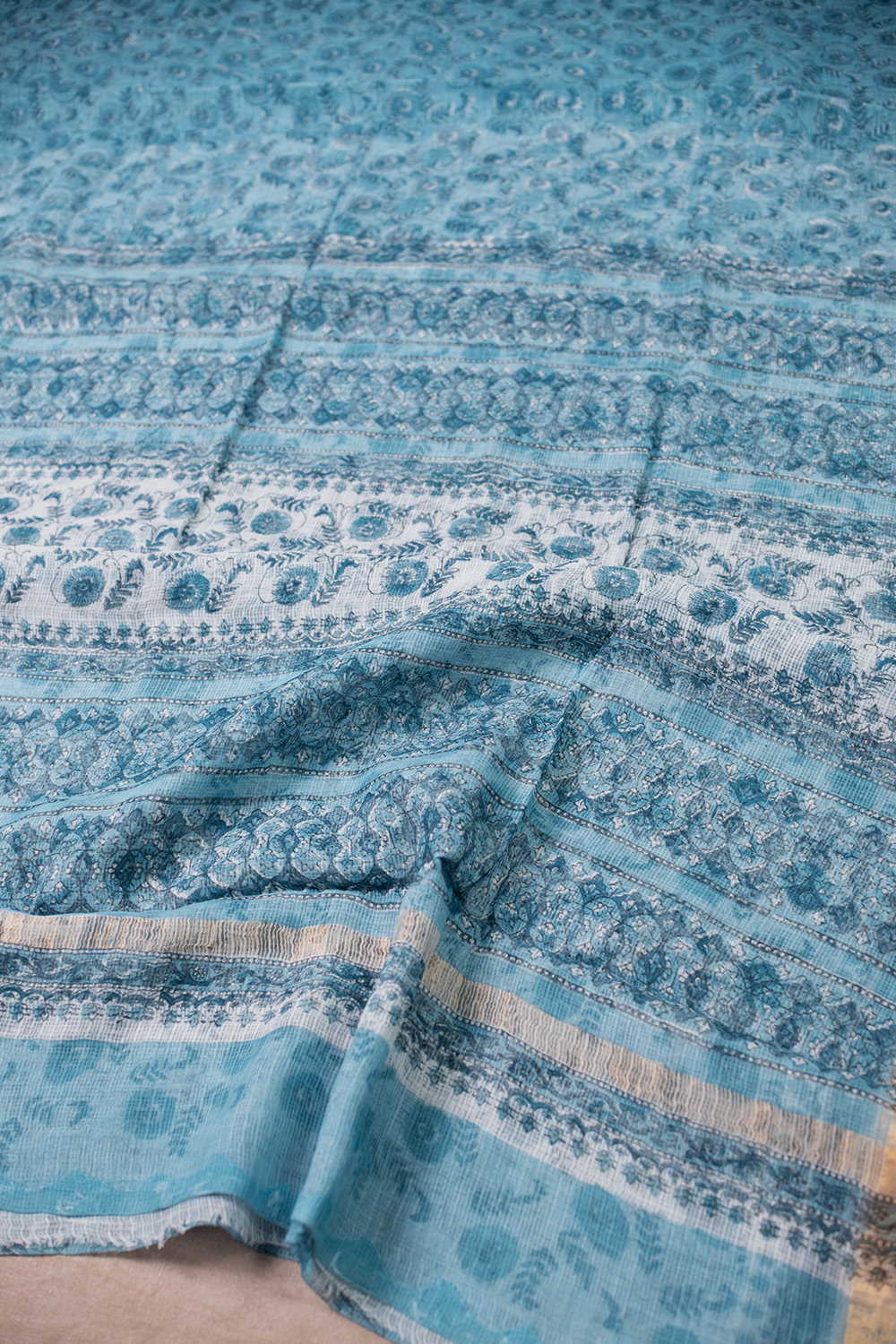 Munsell Blue Block Printed Kota Cotton saree - Image 3
