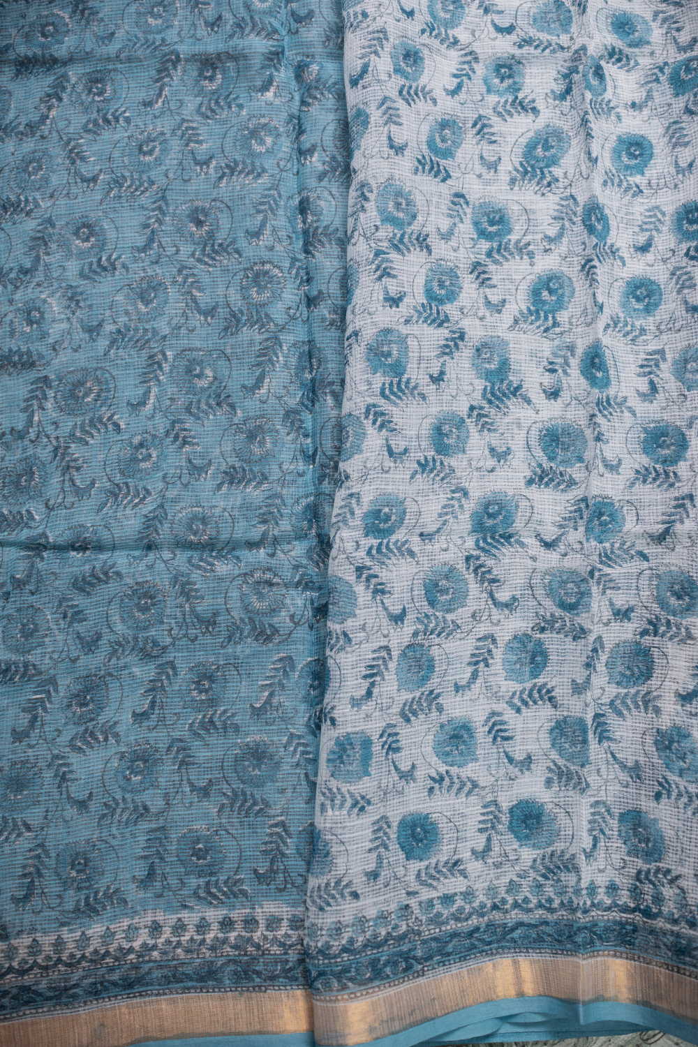 Munsell Blue Block Printed Kota Cotton saree - Image 4