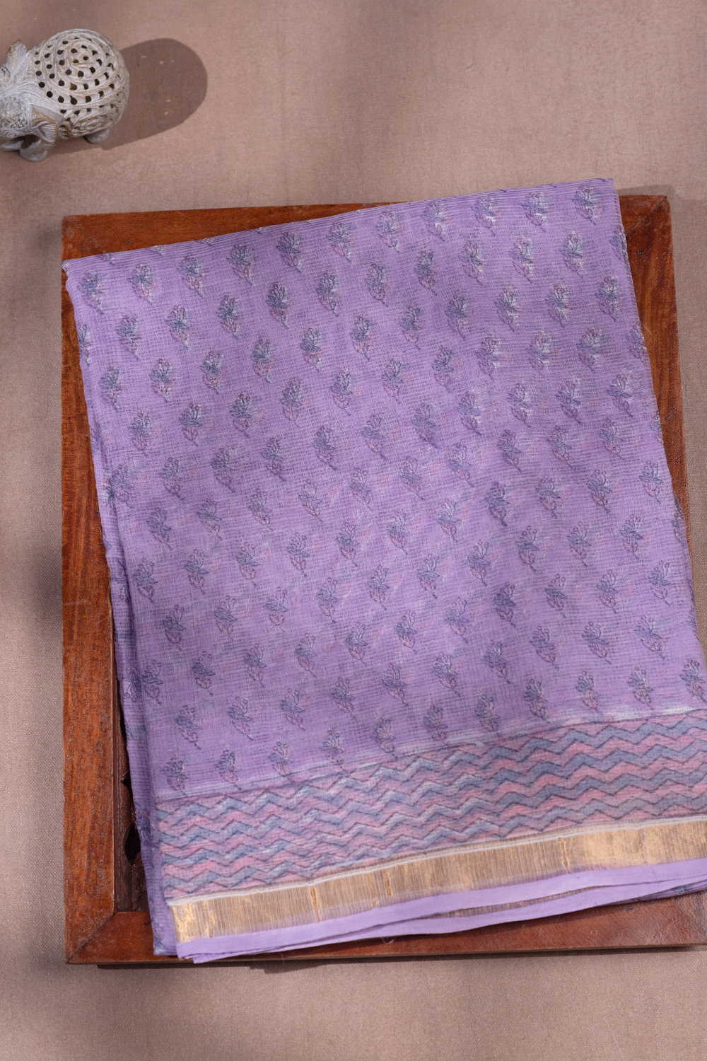 Motis on Lavender Block Printed Kota Cotton saree