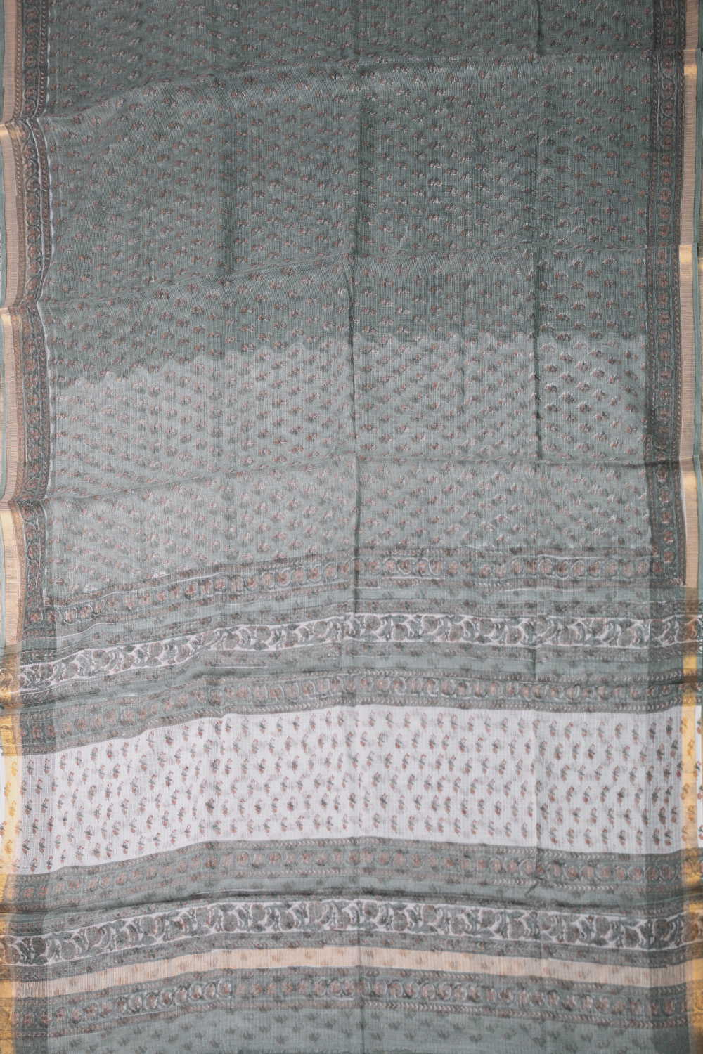 Floral Motifs on Green Block Printed Kota Cotton saree - Image 2