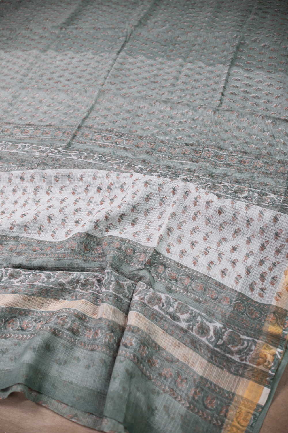 Floral Motifs on Green Block Printed Kota Cotton saree - Image 3