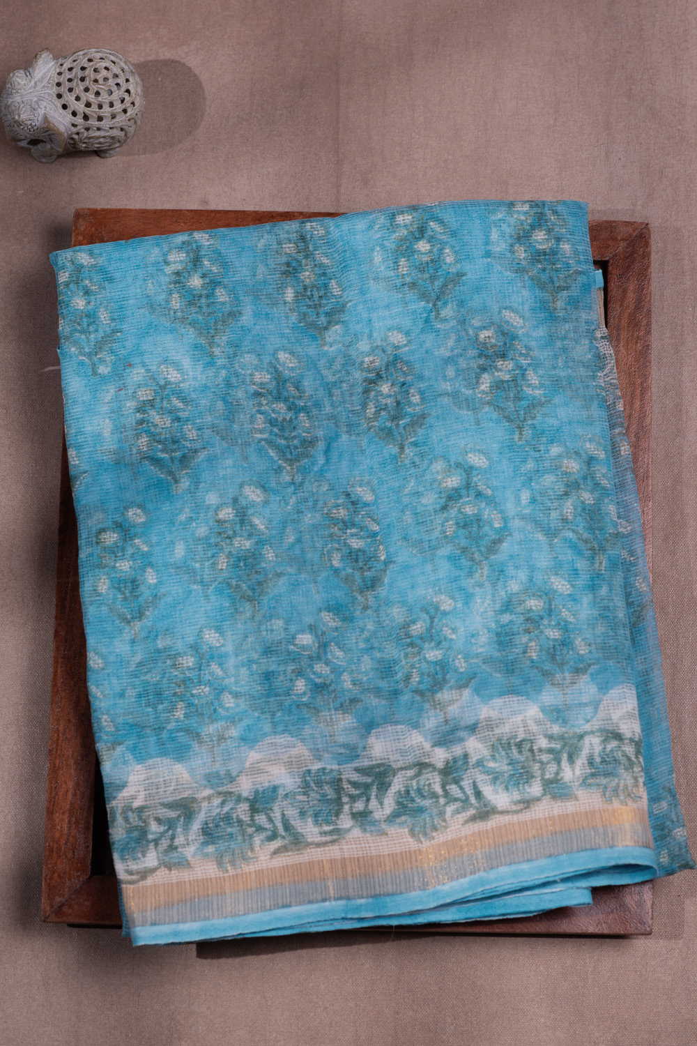 Blue Bloom on Cream Block Printed Kota Cotton saree