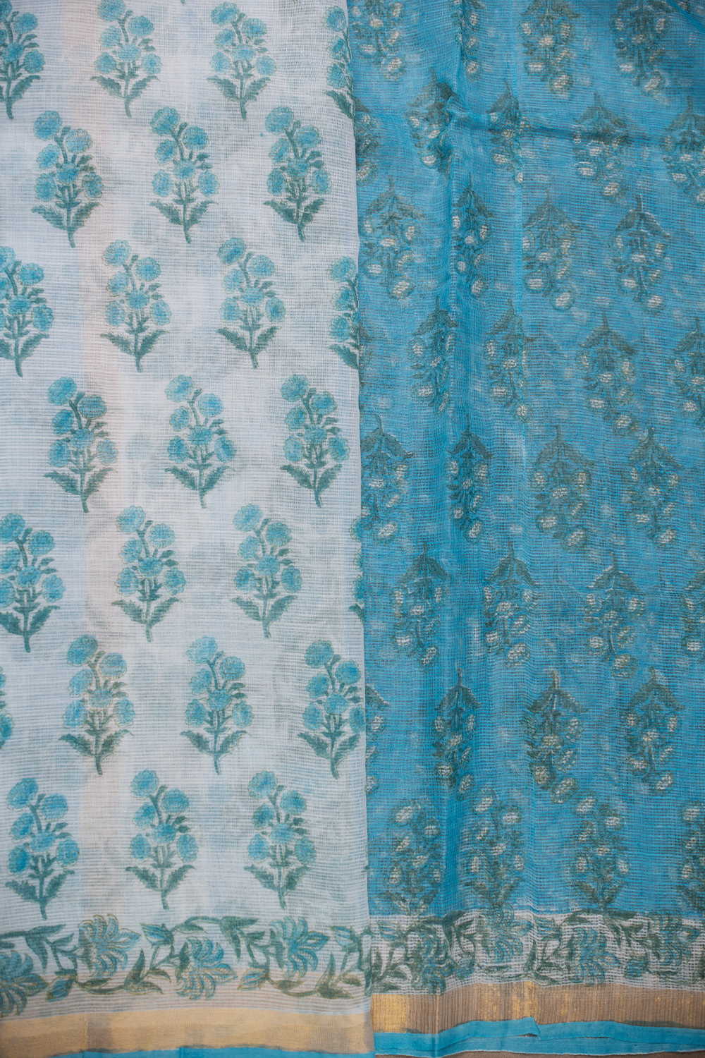 Blue Bloom on Cream Block Printed Kota Cotton saree - Image 4