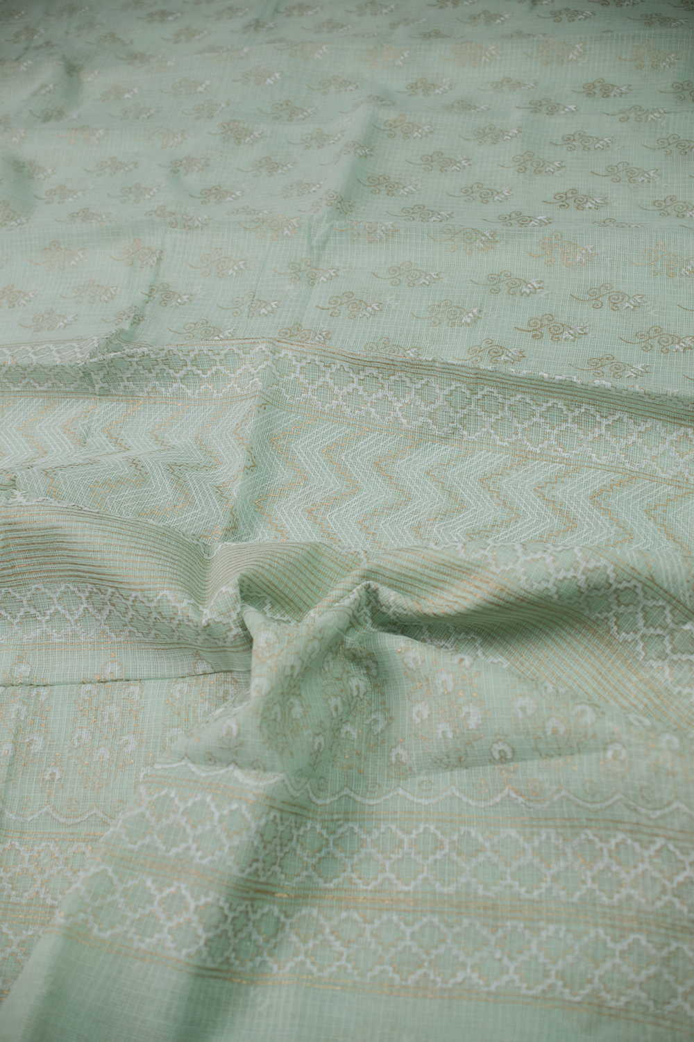 Creamy Green - Kadi Print Kota Cotton saree - Image 3