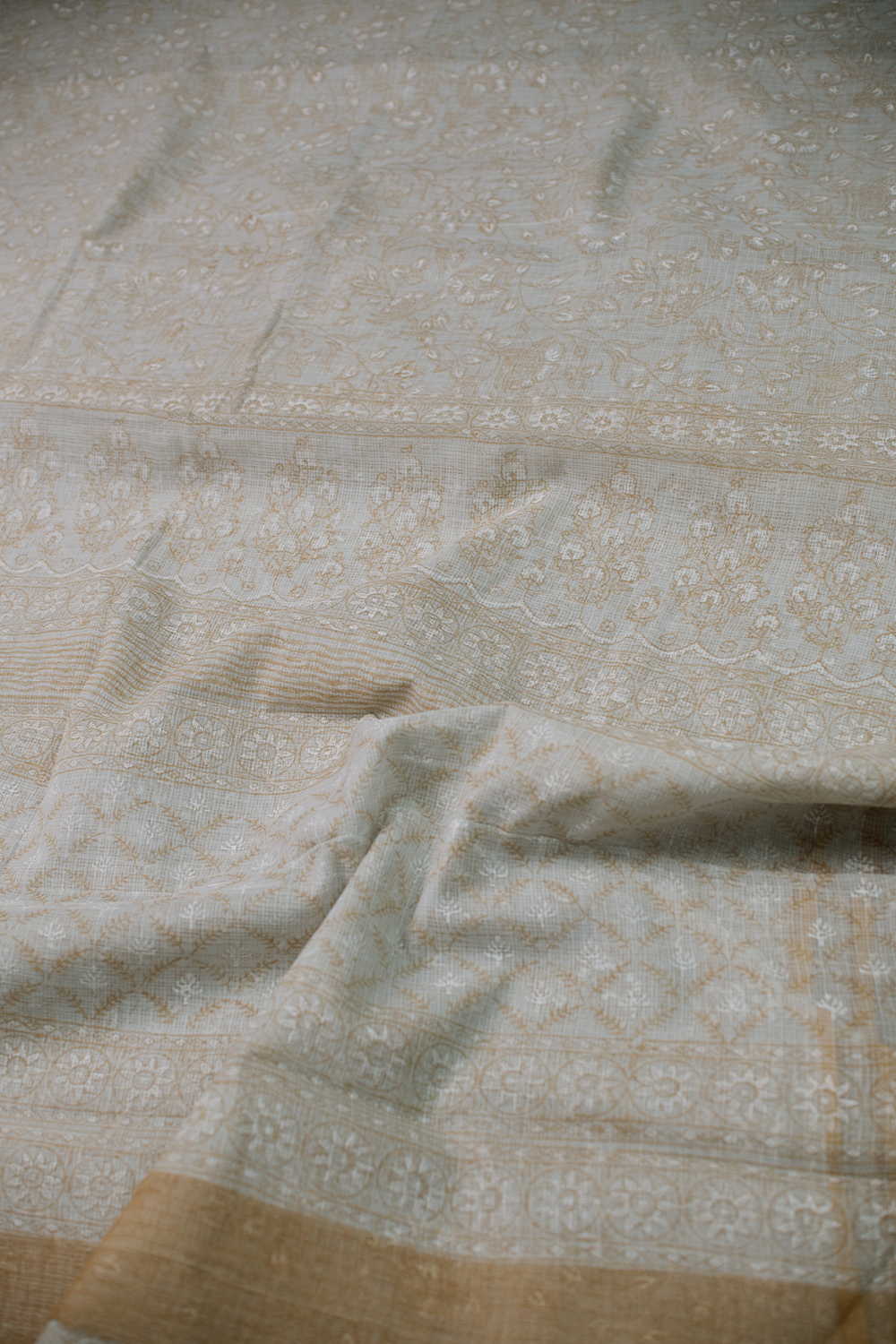 Intricate dull cream with mustard Kadi print kota saree - Image 3