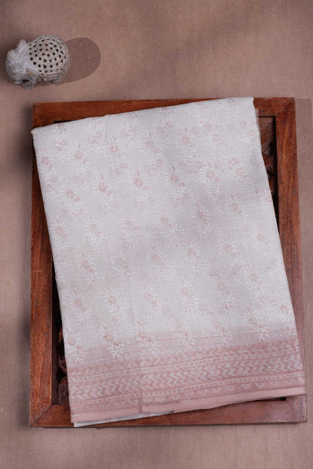 Dull white with peach brown Kadi Print Kota Saree