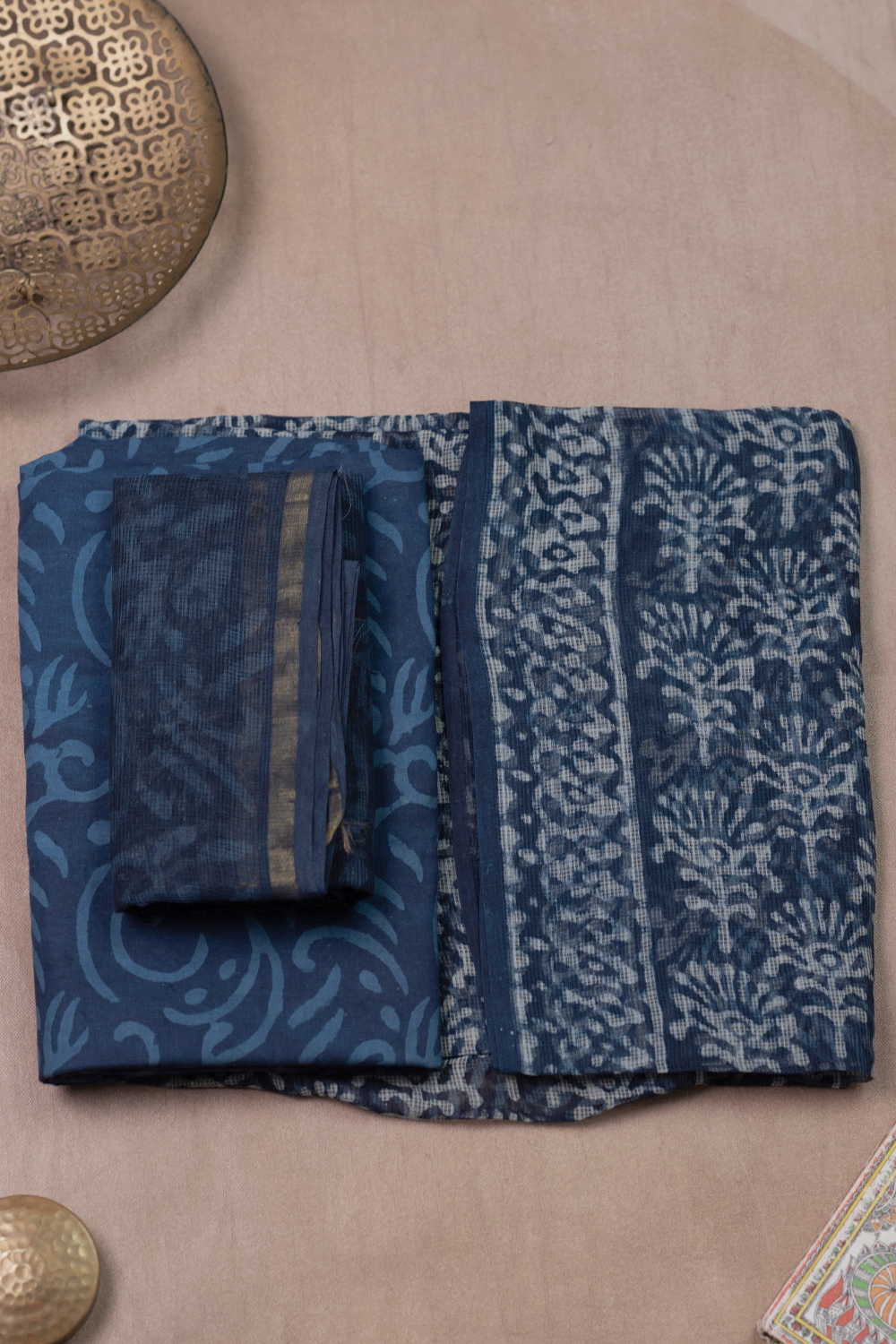 Indigo with Floral Block Printed Kota Cotton Suit