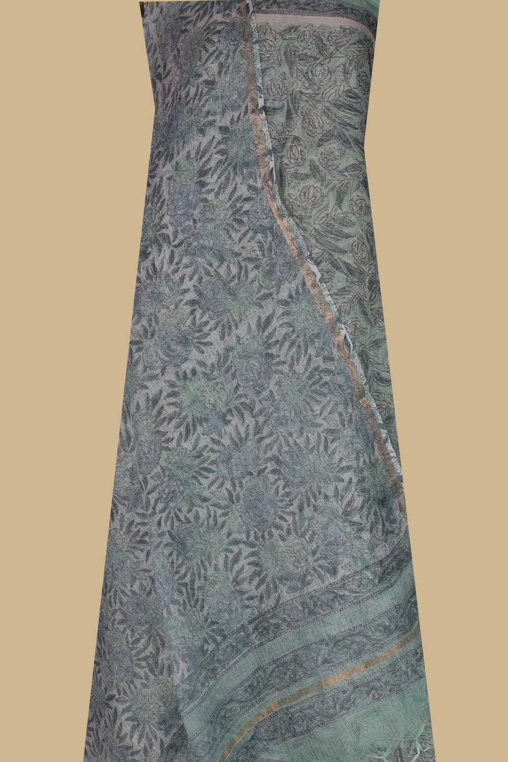 Florals on Green Block Printed Kota Cotton Suit - Image 2