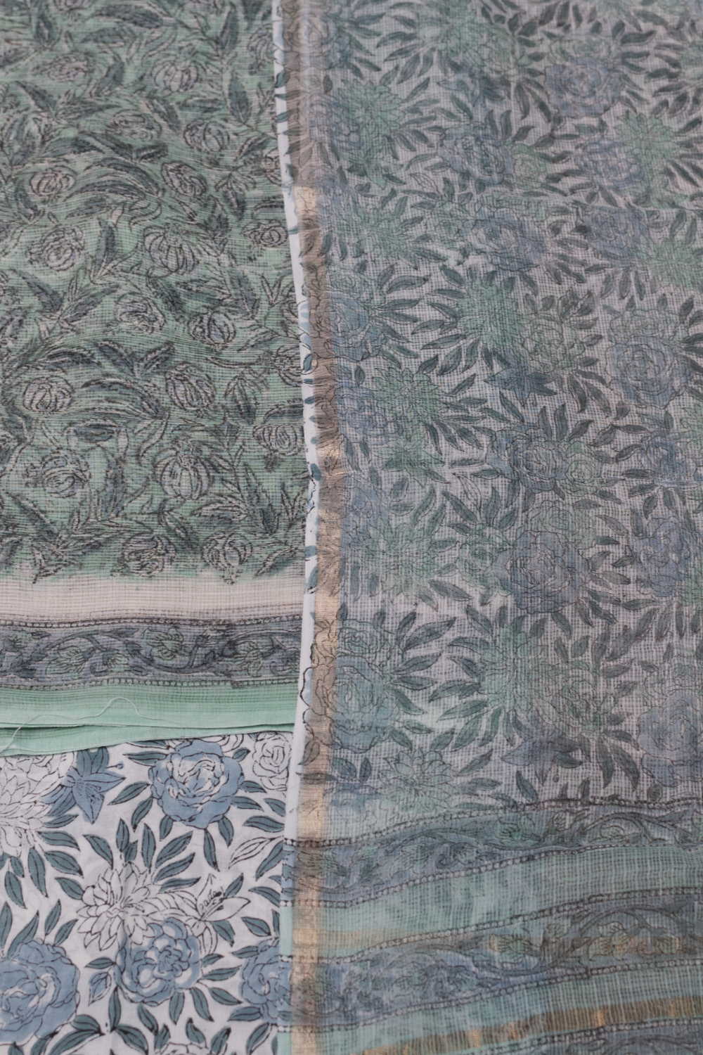 Florals on Green Block Printed Kota Cotton Suit - Image 3