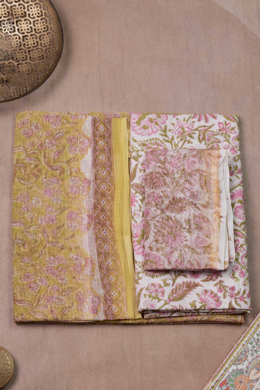 Yellow with Floral Block Printed Kota Cotton Suit