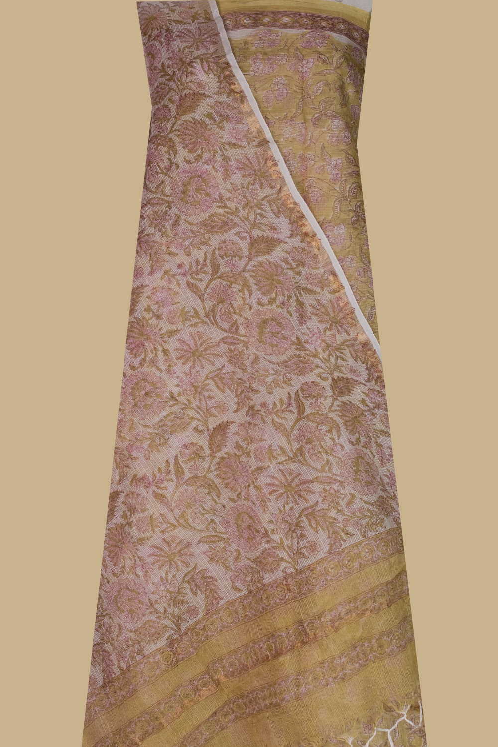 Yellow with Floral Block Printed Kota Cotton Suit - Image 2