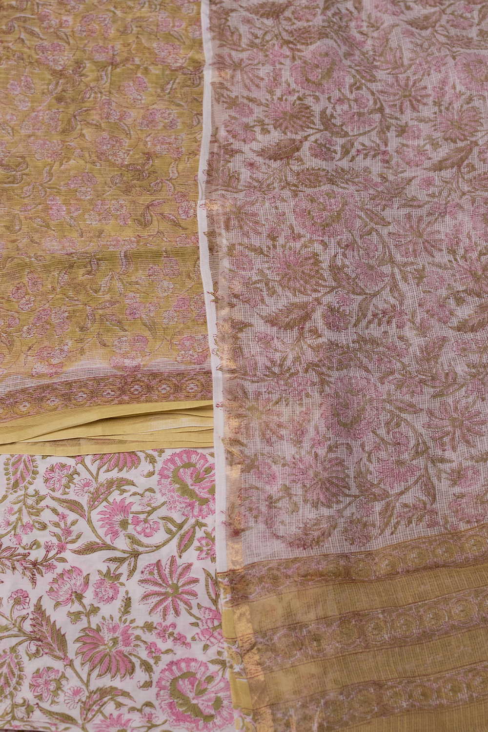 Yellow with Floral Block Printed Kota Cotton Suit - Image 3