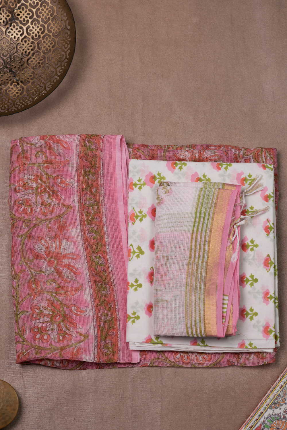 Pink with Floral Block Printed Kota Cotton Suit - Image 2