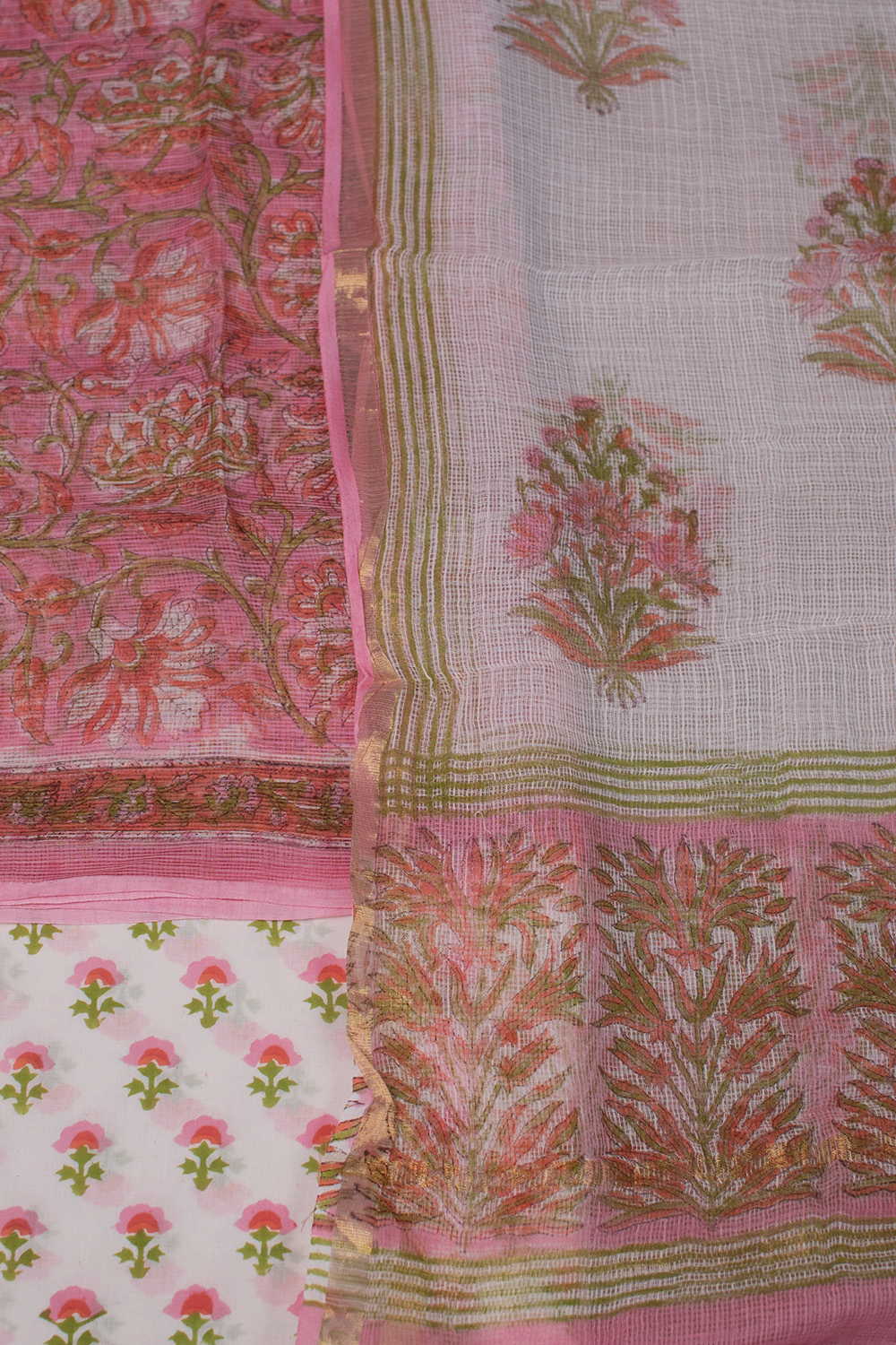 Pink with Floral Block Printed Kota Cotton Suit - Image 3