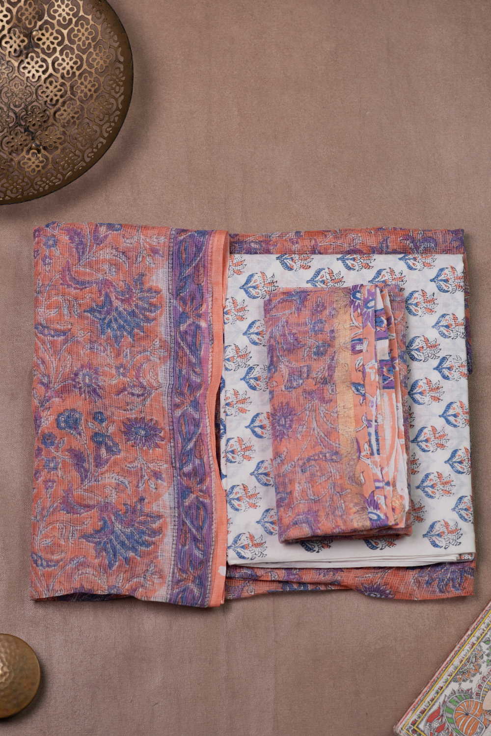 Parosal Peach Block Printed Kota Cotton Suit