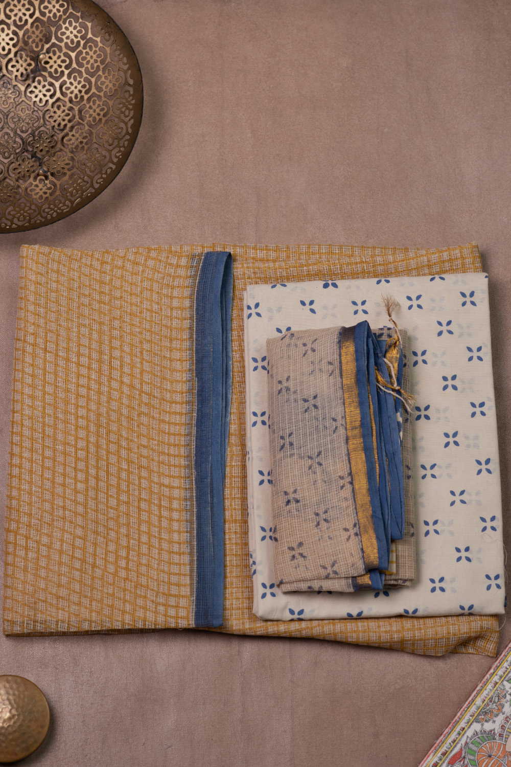 Yellow Block Printed Kota Cotton Suit