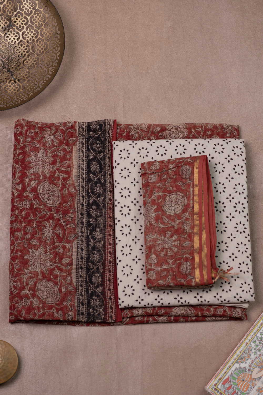 Maroon with Floral Block Printed Kota Cotton Suit - Image 2