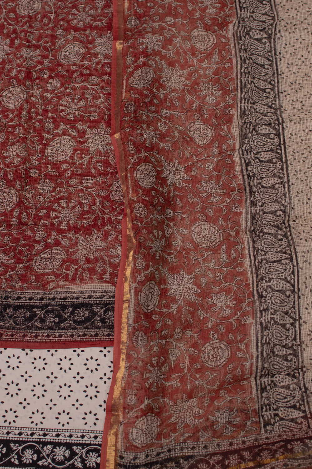 Maroon with Floral Block Printed Kota Cotton Suit - Image 3