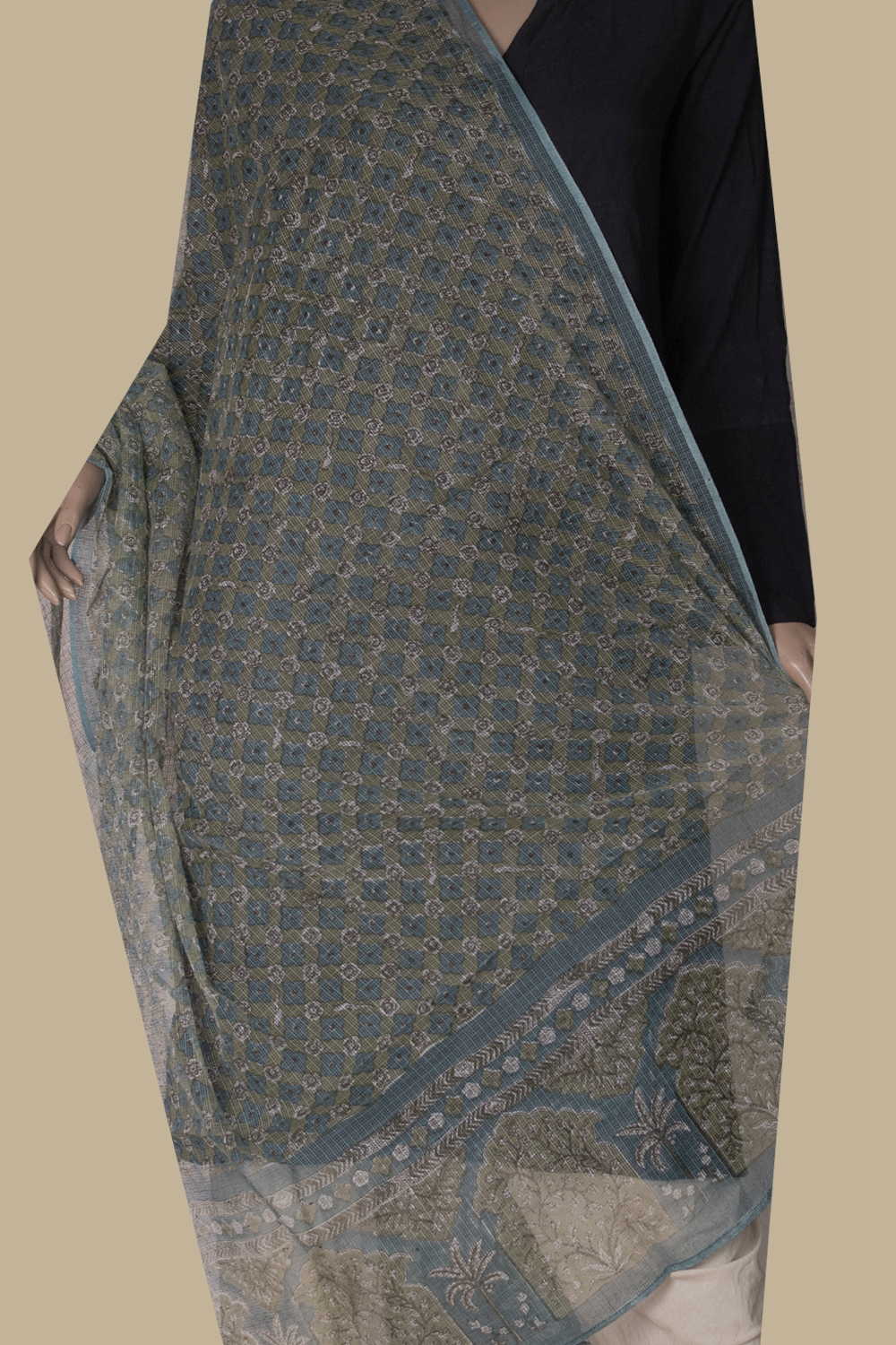 Green Block Printed Kota Cotton Dupatta