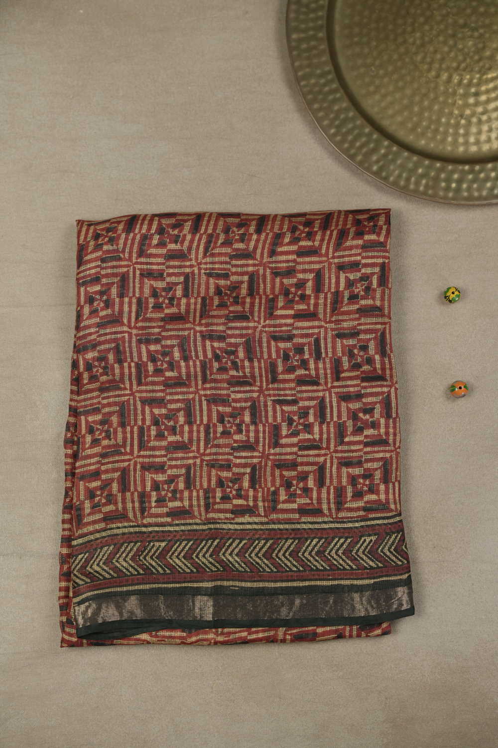 Patterned on Red Block Printed Kota Silk saree