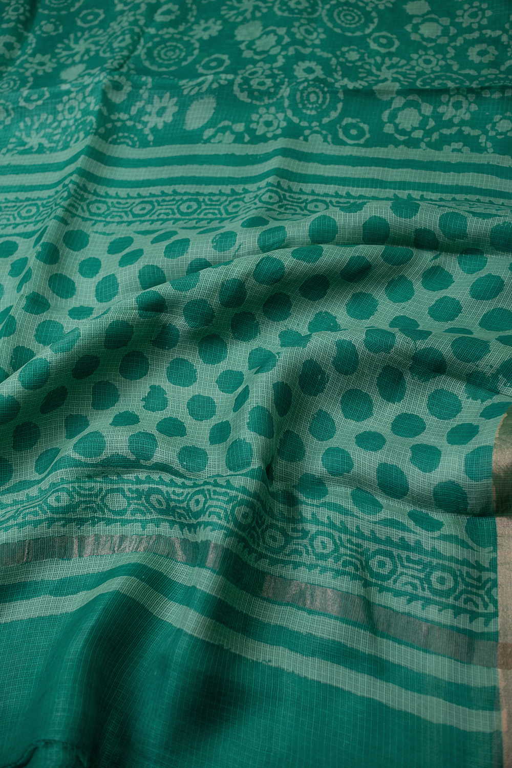Shades of Green Block Printed Kota Silk saree - Image 3