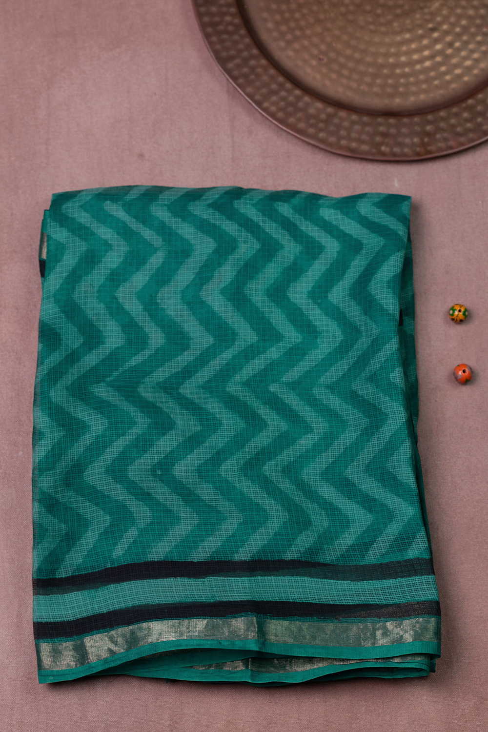 Chevron - Green Block Printed Kota Silk saree
