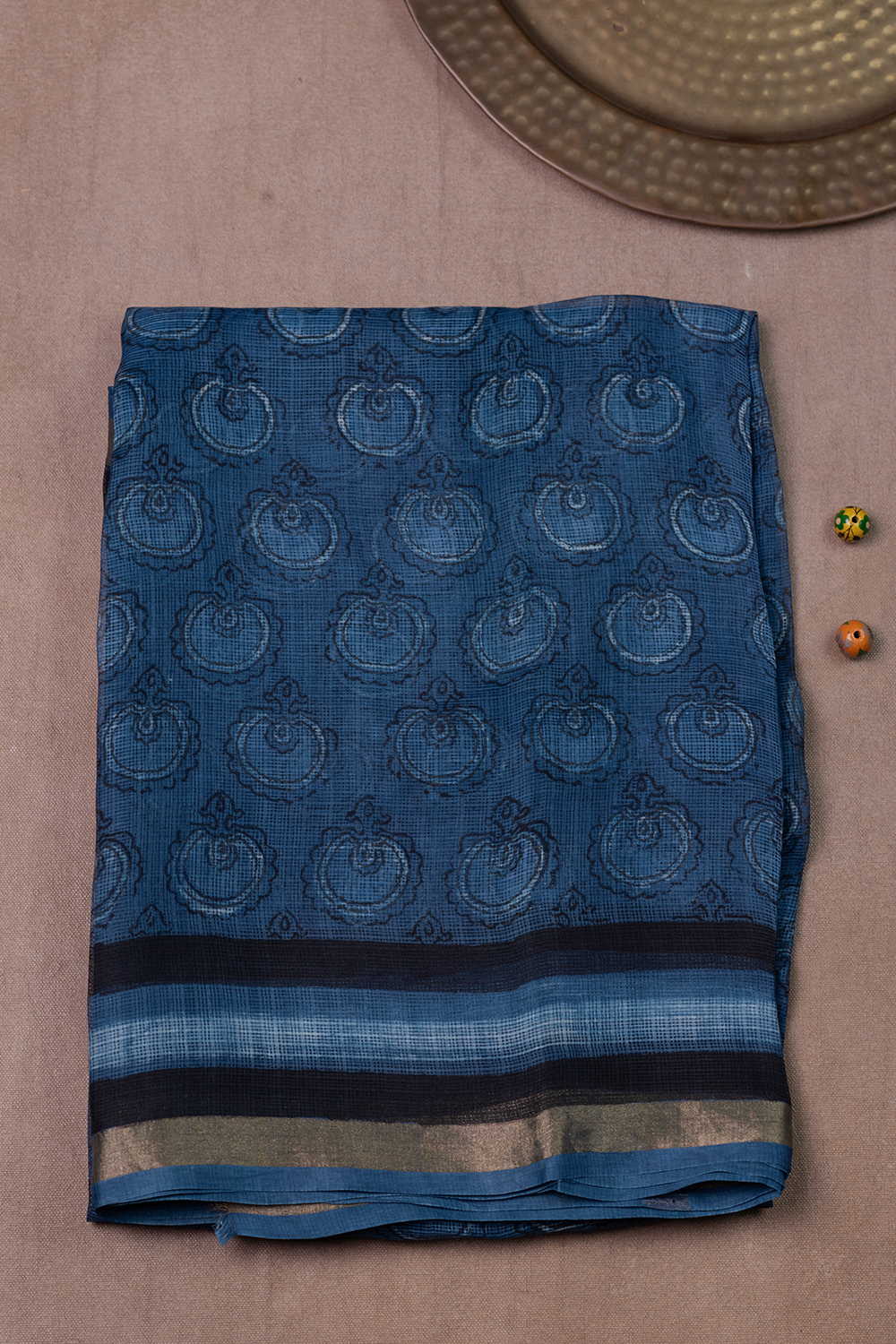 Buttas on Indigo Block Printed Kota Silk saree