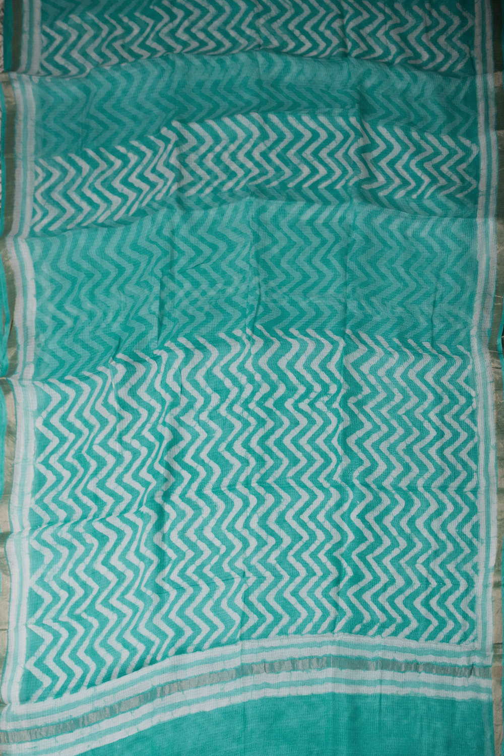 Green Block Printed Kota Silk saree - Image 2