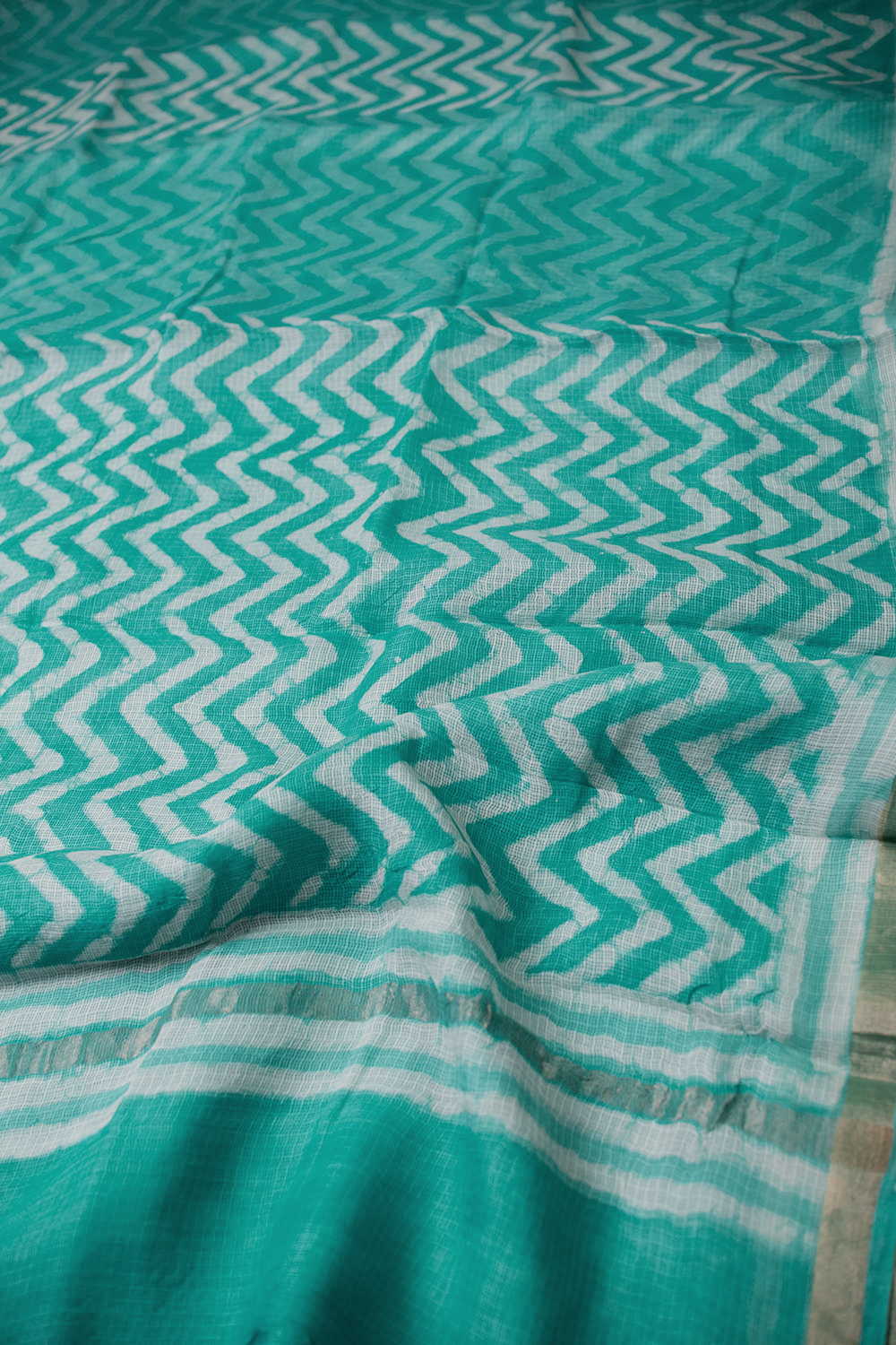 Green Block Printed Kota Silk saree - Image 3
