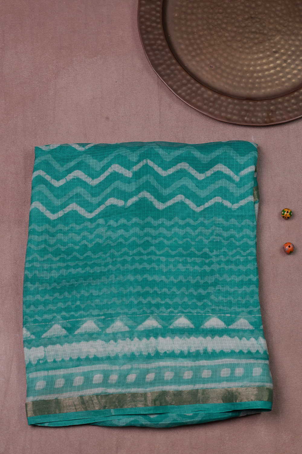 Dark Green Block Printed Kota Silk saree