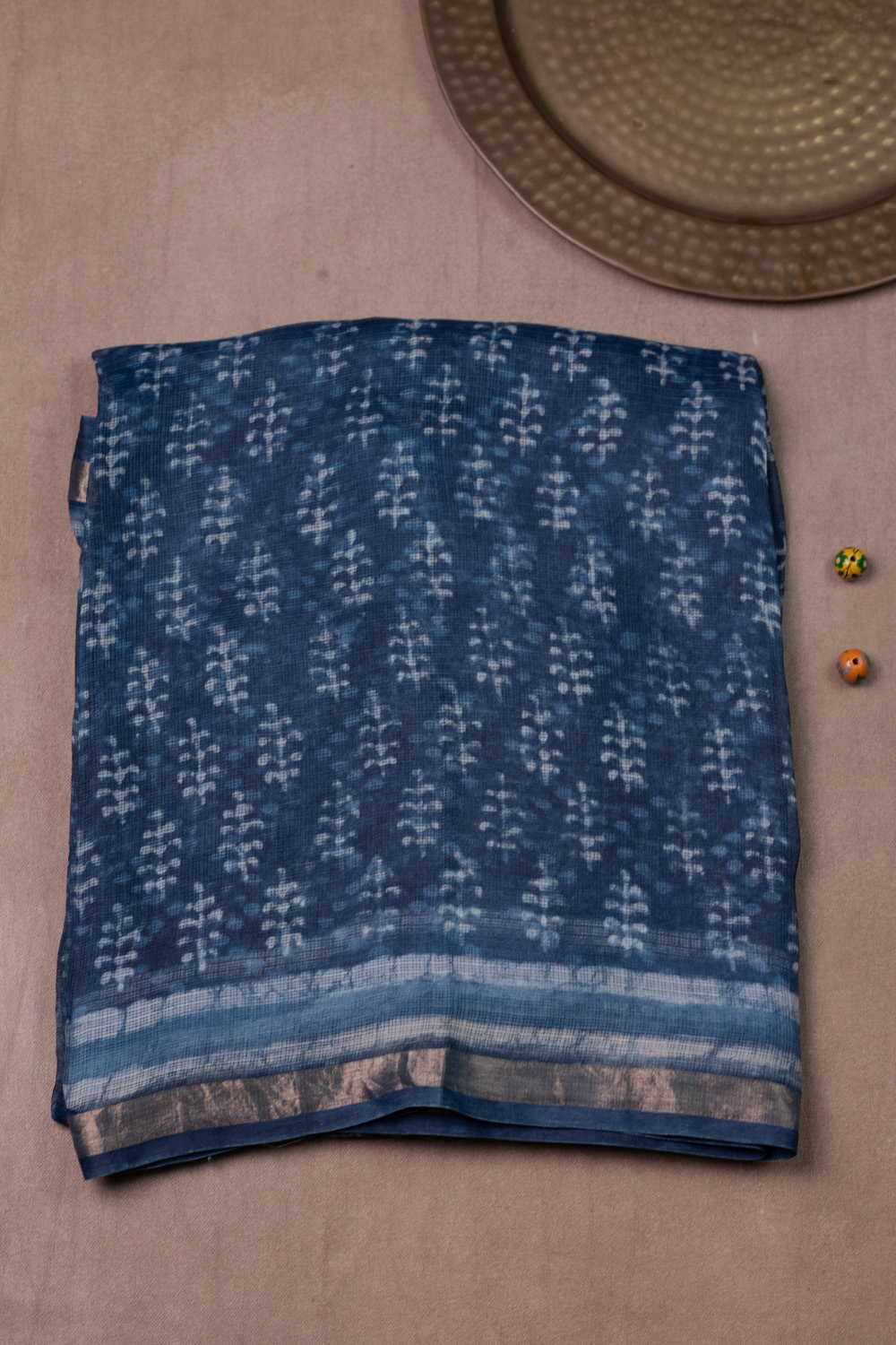 Zari Border - Indigo Block Printed Kota Silk saree