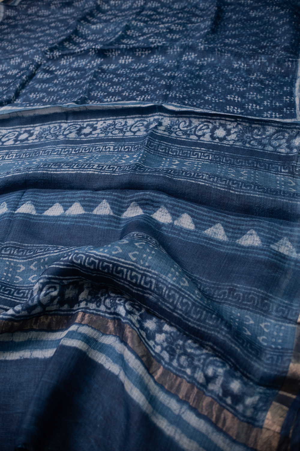 Zari Border - Indigo Block Printed Kota Silk saree - Image 3