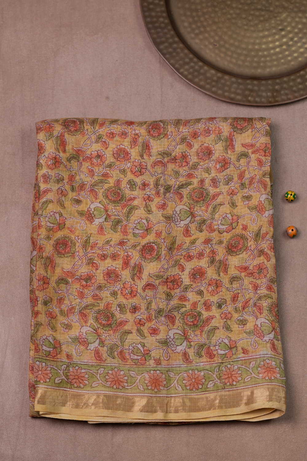 Yellow with Floral Block Printed Kota Silk saree
