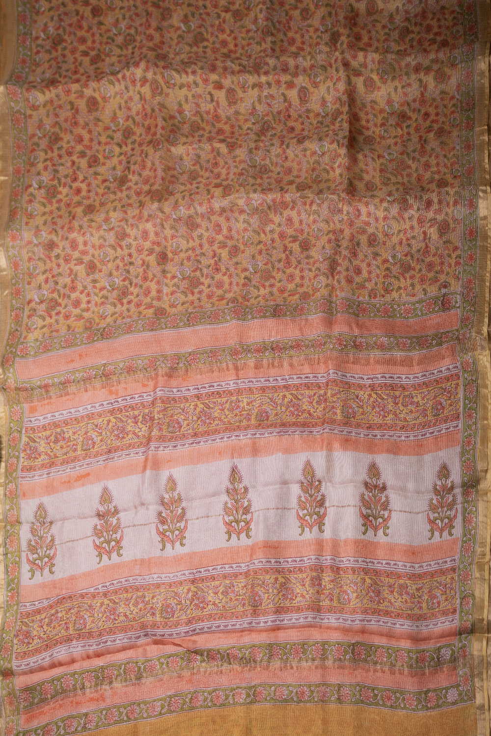 Yellow with Floral Block Printed Kota Silk saree - Image 2