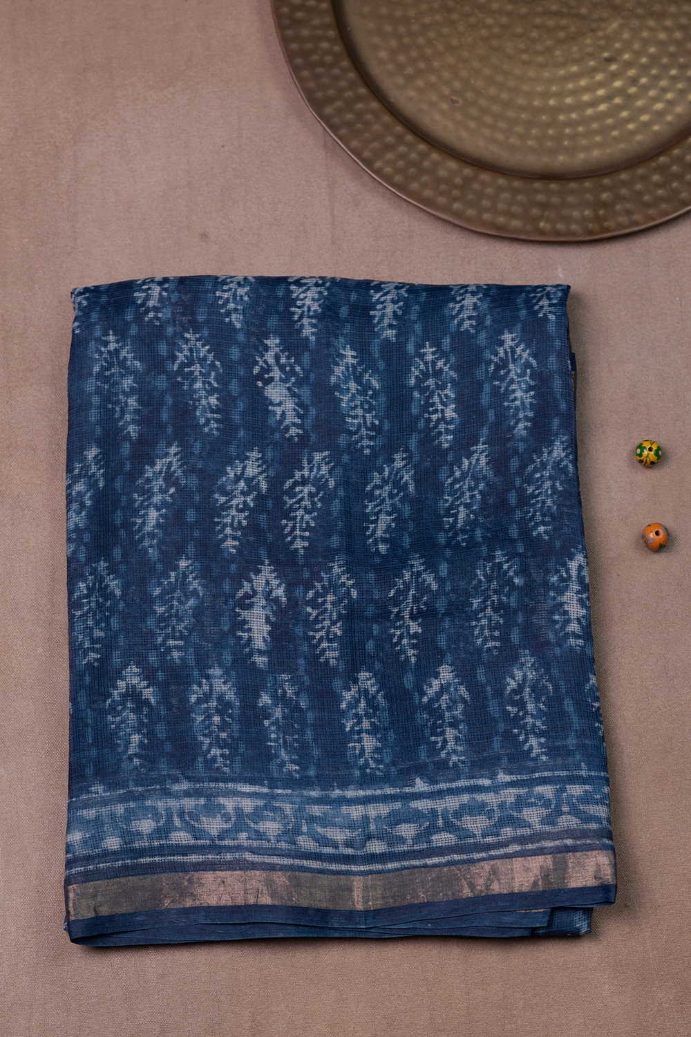 Cream Buttas - Indigo Block Printed Kota Silk saree