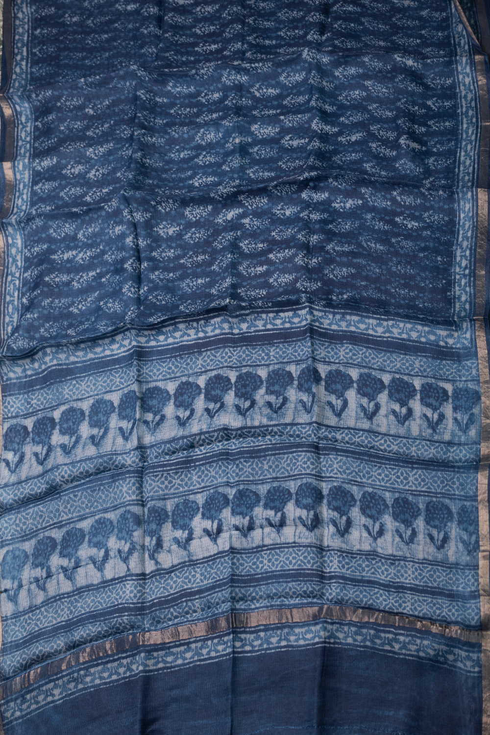 Cream Buttas - Indigo Block Printed Kota Silk saree - Image 2