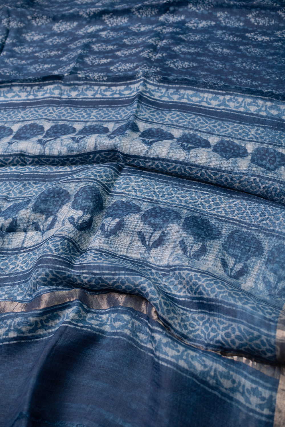 Cream Buttas - Indigo Block Printed Kota Silk saree - Image 3