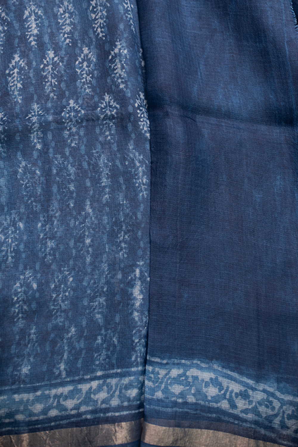 Cream Buttas - Indigo Block Printed Kota Silk saree - Image 4