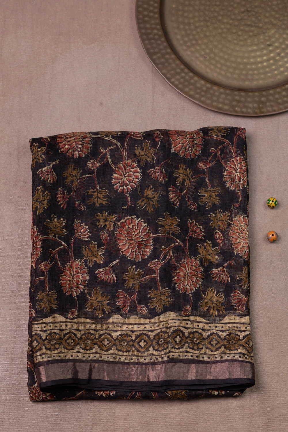 Maroon Floral Block Printed Kota Silk saree