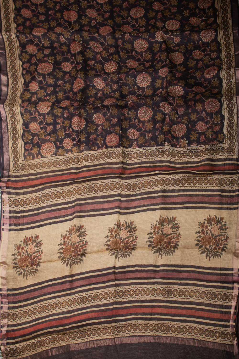 Maroon Floral Block Printed Kota Silk saree - Image 2