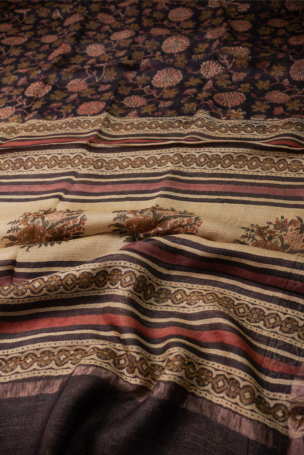 Maroon Floral Block Printed Kota Silk saree - Image 3