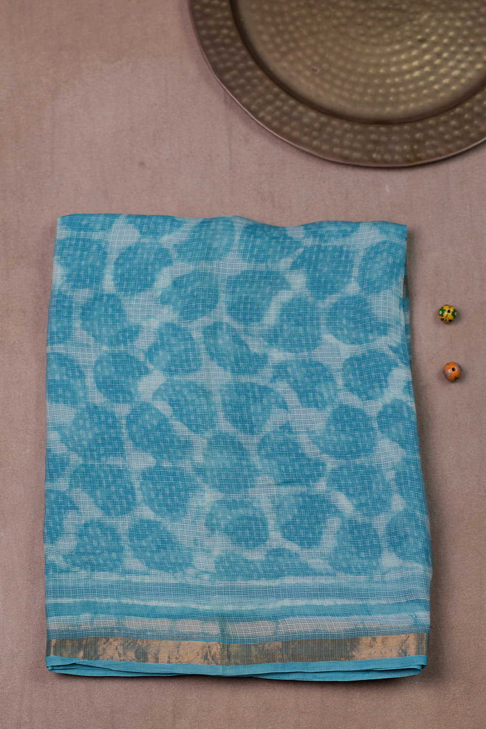 Sky Blue Block Printed Kota Silk saree